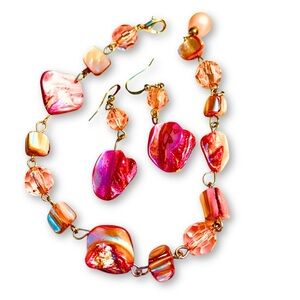 HANDCRAFTED Artisan Design Pink Mother of Pearl Bracelet & Earrings Beach Vibe